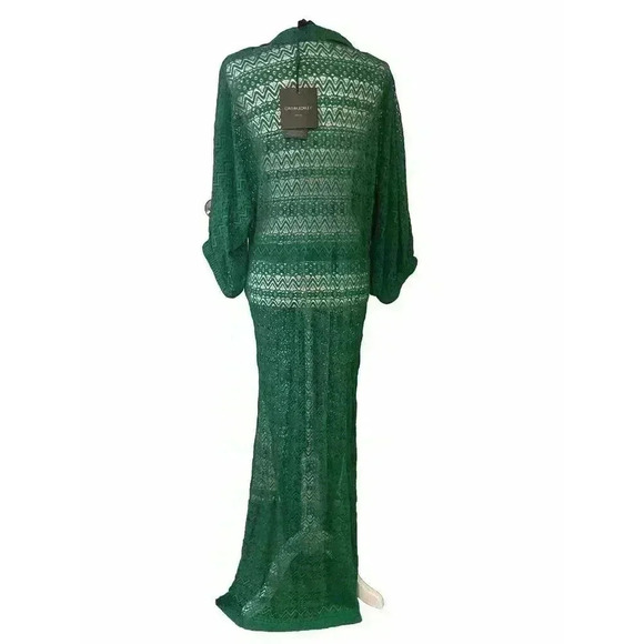 Beach Coverup Medium Lace Drawstring Kaftan Maxi Shirt Dress Swim $295 NWT Green - Picture 8 of 10
